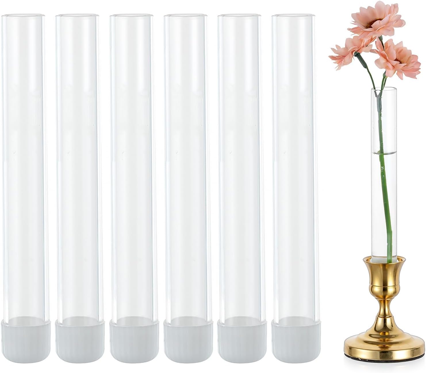 Glasseam Glass Bud Vase for Flowers: 6pcs Clear Small Vases for 22mm Candlestick Taper Candle Holders - 5.9" Skinny Table Centerpieces with Silicon Case for Tablescapes, Wedding Gift and Home Decor thumbnail
