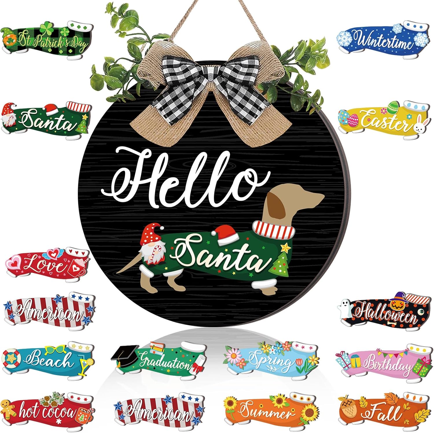 16 Pcs Interchangeable Dog Wooden Door Hanger Ornaments Rustic Dachshund Seasonal Home Sign Replaceable Hanging Vertical Welcome Sign Front Door Porch Decor for Wall Outdoor Xmas Fall Decor thumbnail