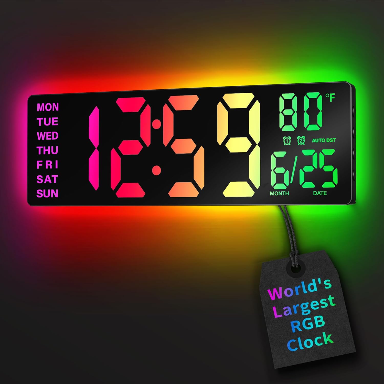 16.5" Large Digital Wall Clock with BT Sync, RGB Lights with 11 Scenes Mode Remote Control, Dual Alarms with Big LED Display, Auto DST, Temperature for Classroom Gaming thumbnail