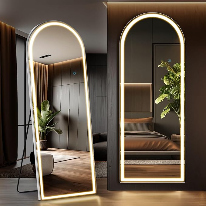 71" x 26" Full Length Mirror with LED Lights LED Floor Mirror with Dimming & 3 Color Lighting Aluminum Alloy Frame Nano Glass Freestanding or Wall Mounted for Bedroom Dressing Room Arched thumbnail