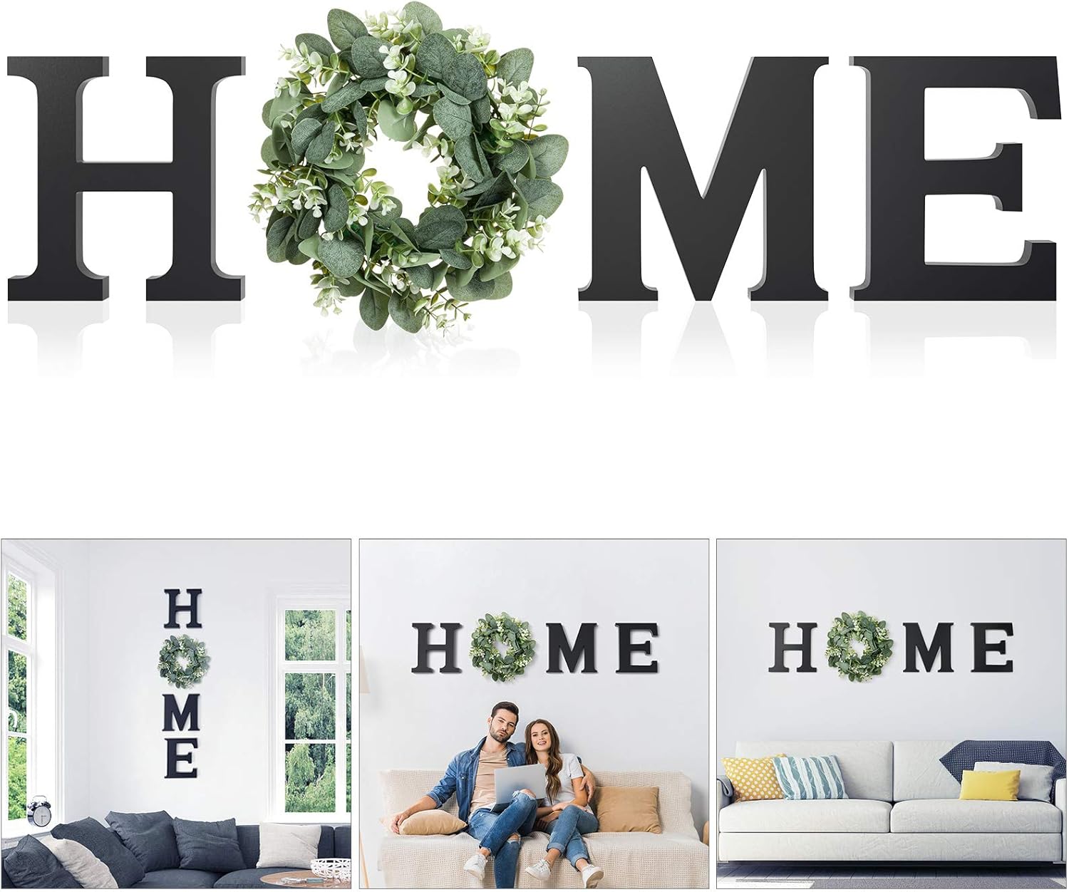 Wooden Home Letters with Wreath Artificial Eucalyptus Modern Decorative Hanging Farmhouse Sign for Living Room & Kitchen - Housewarming & Couple Gifts - Christmas Decoration thumbnail