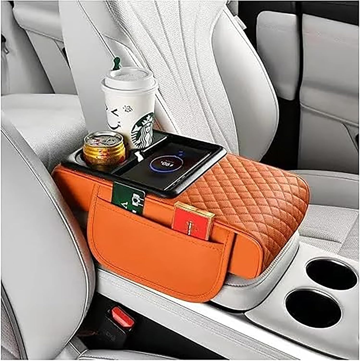 Car Armrest Storage Box with 2 Cup Holders, Car Console Cup Holder, Cars Armrest Storage Box, Console Cover with 2 Storage Bags, Tissue Box Slot, Phone Slot for Sedans thumbnail