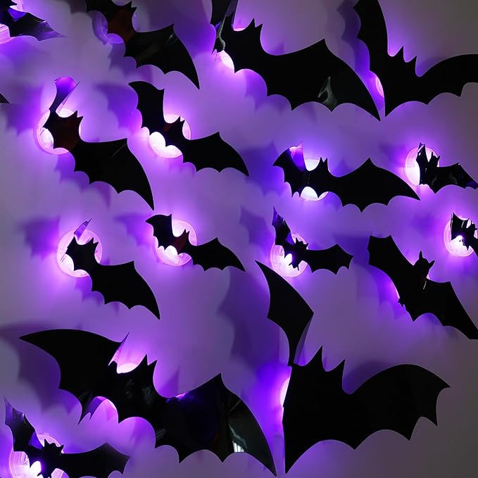 TW SHINE 36 Pcs Halloween Bats Wall Decor, Removable Lighted 3D Bats Wall Stickers Assorted Size, PVC Halloween Decorations for Indoor Outdoor Home Window Party Supplies thumbnail