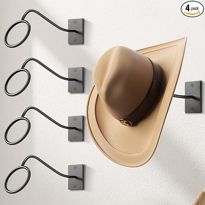 Cinati Cowboy Hat Rack for Wall, 4 Pack Cowboy Hat Holder Wall Mount, Western Rustic Metal Cowboy Hat Hanger, Hat Hooks for Cowboy Hat, Fedora, Sun Hats,Wide Brim Hat Organizer thumbnail
