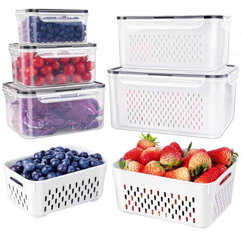 5 PCS Large Fruit Containers for Fridge - Leakproof Food Storage Containers with Removable Colander - Dishwasher & microwave safe Produce Containers Keep Fruits, Vegetables, Berry, Meat Fresh longer thumbnail
