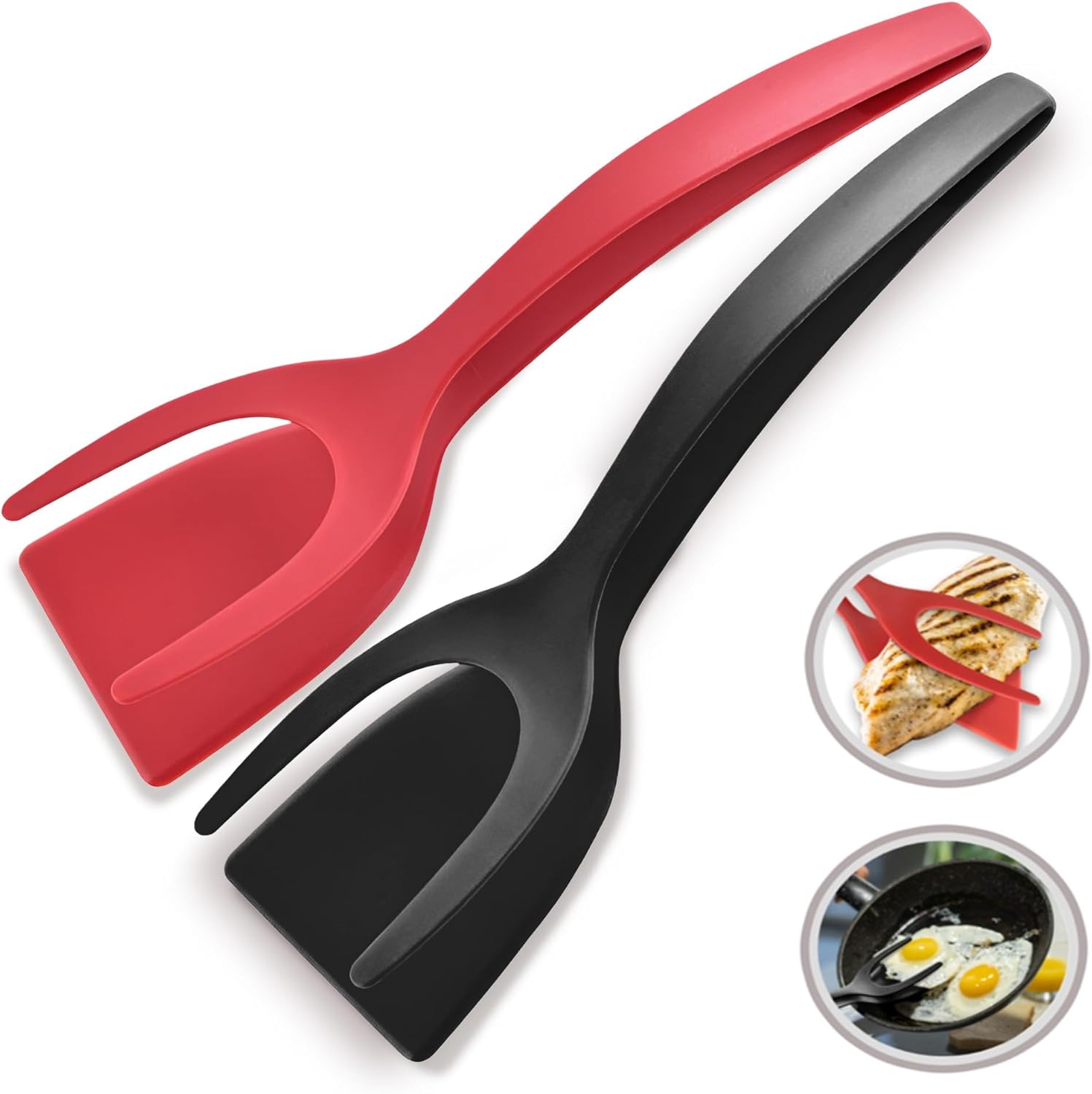 2 in 1 Flipper Spatula with tongs - Nylon Easy Grip Flip Spatula for Hash browns, Burgers, Steaks, French Toast, Omelets, Pancakes - Non-Stick Head, Ergonomic Handle, Withstands High Temperatures thumbnail