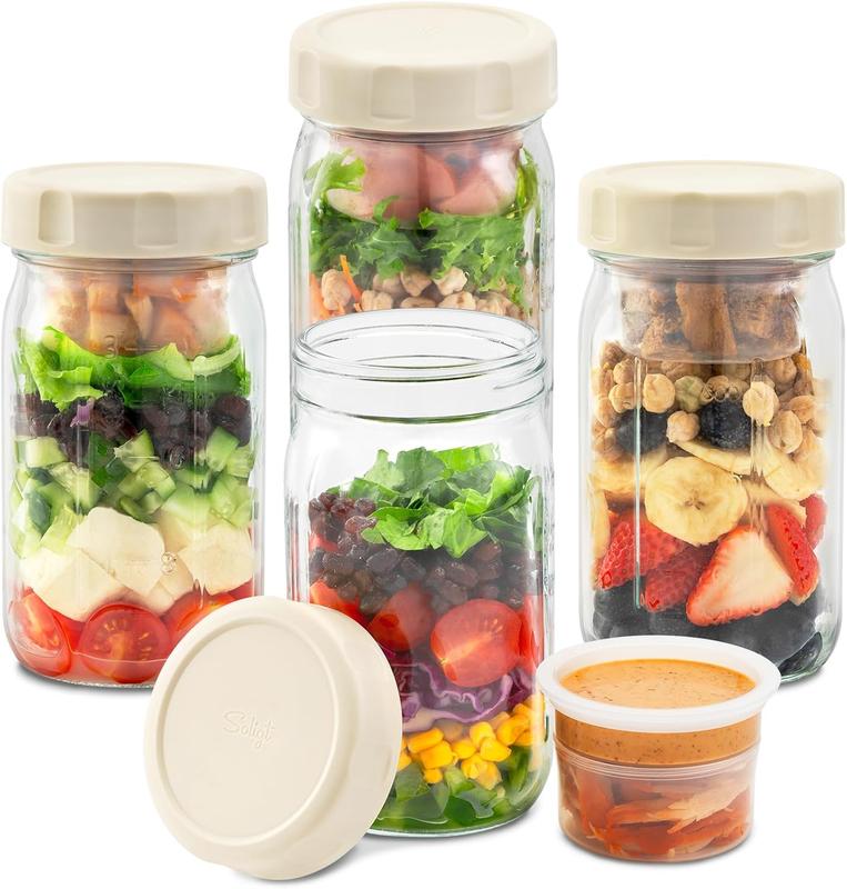SOLIGT 4 Pack Glass Salad Jars with Lids Meal Prep, Leakproof Container for Lunch, Two Small Built-in Boxes with Wet/Dry Separation for Salad Dressing and Dry Ingredients, 32oz Mason Jars thumbnail