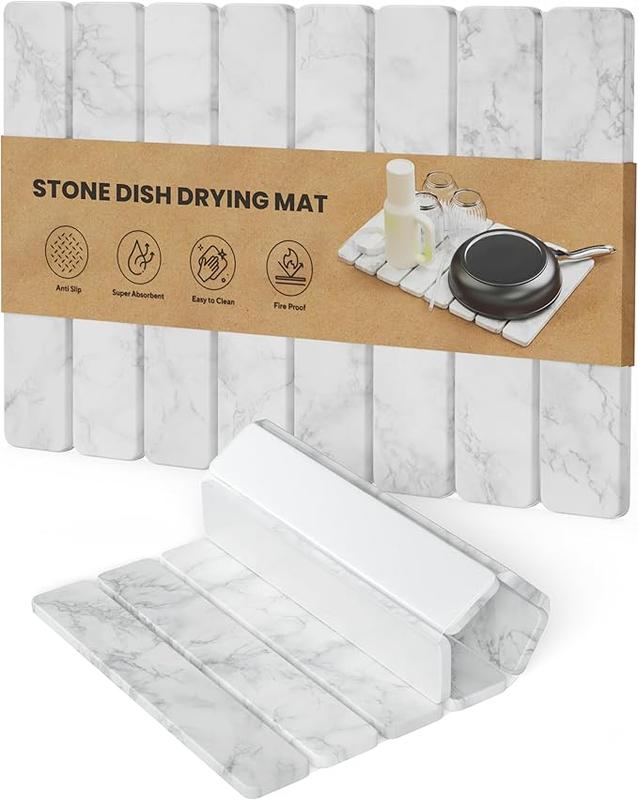 Stone Drying Mat for Kitchen Counter - Collapsible Diatomaceous Earth Dish Drying Stone - Fast Absorbent Stone Dish Drying Mat for Dishes and Pots thumbnail